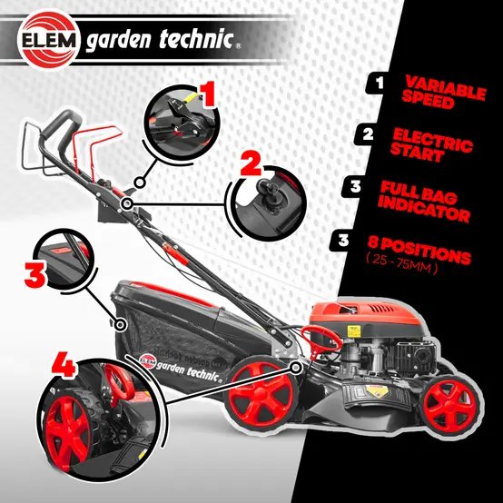 Tondeuse thermique autotractée 173cc - 50.6cm avec démarrage électrique -mulching - éjection latérale - Elem Garden photo 3