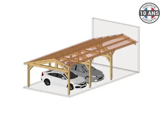 Carport Bois Douglas Français 75 m² – 2 pentes faitage décalé adossé – 8 poteaux – Abri voiture extérieur – Garantie 10 ans