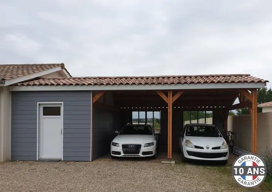 Carport Bois Douglas Français 75 m² – 2 pentes faitage décalé adossé – 8 poteaux – Abri voiture extérieur – Garantie 10 ans photo 2