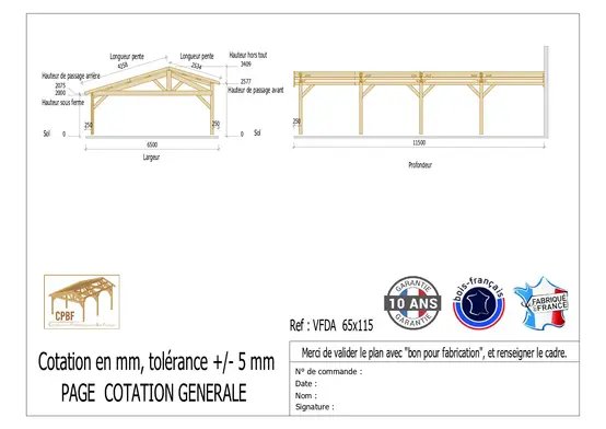 Carport Bois Douglas Français 75 m² – 2 pentes faitage décalé adossé – 8 poteaux – Abri voiture extérieur – Garantie 10 ans photo 3