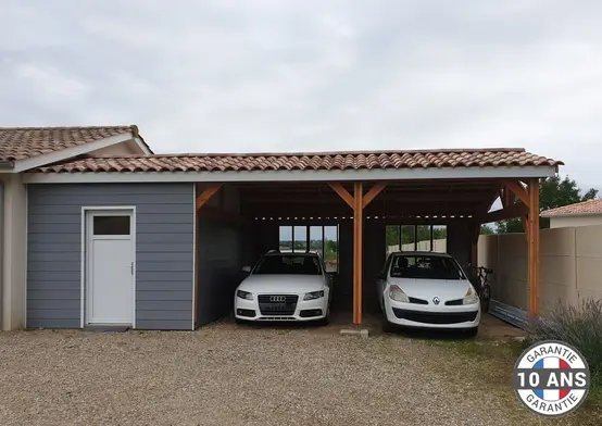 Carport Bois Douglas Français 48 m² – 2 pentes adossé – 6 poteaux – Abri voiture extérieur – Garantie 10 ans