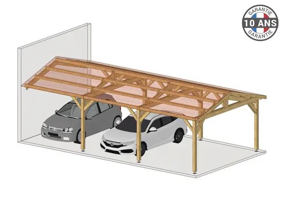 Carport Bois Douglas Français 48 m² – 2 pentes adossé – 6 poteaux – Abri voiture extérieur – Garantie 10 ans photo 2