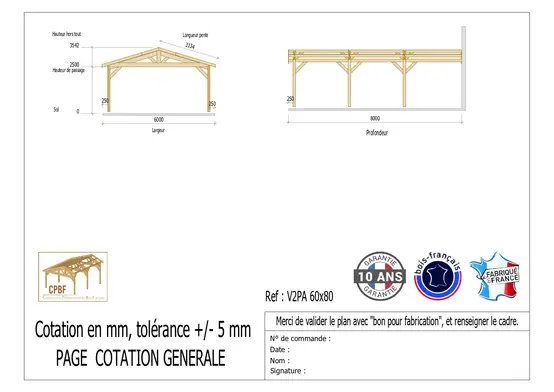 Carport Bois Douglas Français 48 m² – 2 pentes adossé – 6 poteaux – Abri voiture extérieur – Garantie 10 ans photo 3