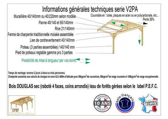 Carport Bois Douglas Français 48 m² – 2 pentes adossé – 6 poteaux – Abri voiture extérieur – Garantie 10 ans photo 4